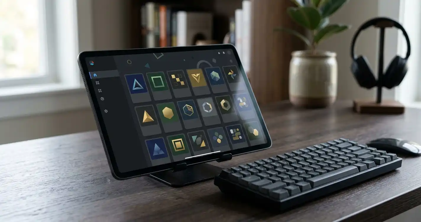 A tablet showing abstract game tiles beside a keyboard on a dark desk