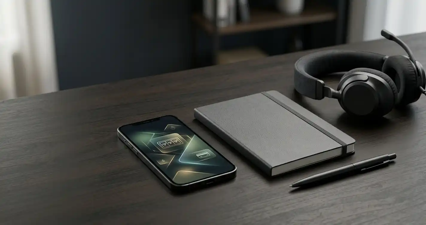 A smartphone, notebook and headset arranged on a dark desk