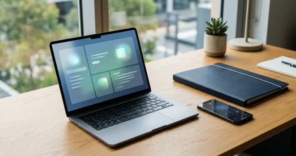 A laptop on a desk beside a closed document folder and a smartphone with an abstract support interface