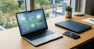 A laptop on a desk beside a closed document folder and a smartphone with an abstract support interface
