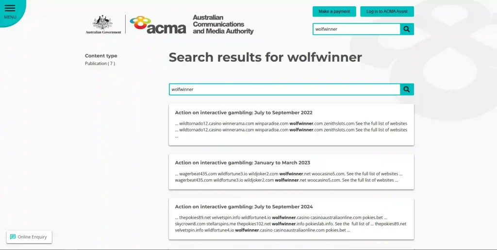 ACMA webpage showing Wolf Winner in an illegal online gambling enforcement record