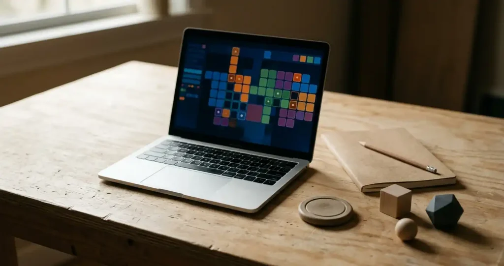 A laptop showing abstract game tiles beside neutral table-game props and a notebook