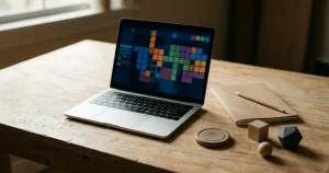 A laptop showing abstract game tiles beside neutral table-game props and a notebook