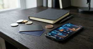 A smartphone, payment cards and generic digital tokens arranged beside a notebook