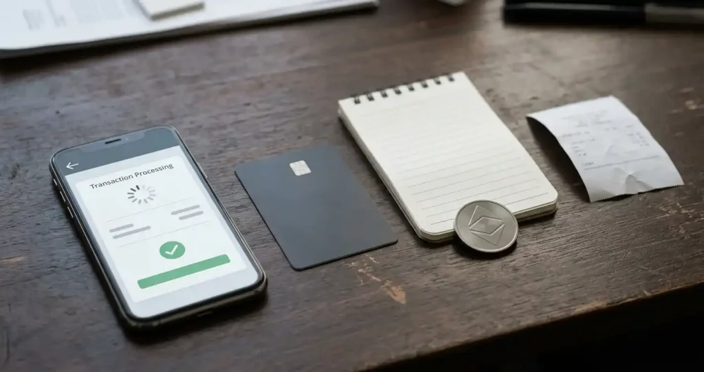 A phone, bank card, notebook and generic digital token arranged for a withdrawal checklist