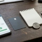 A phone, bank card, notebook and generic digital token arranged for a withdrawal checklist