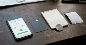 A phone, bank card, notebook and generic digital token arranged for a withdrawal checklist